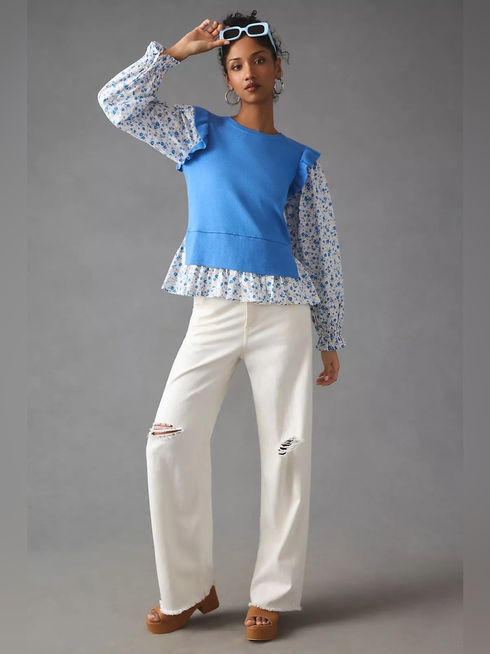 by Anthropologie  Blue Floral Flutter Long Sleeve Sweater Top Shirt Blouse Sz L